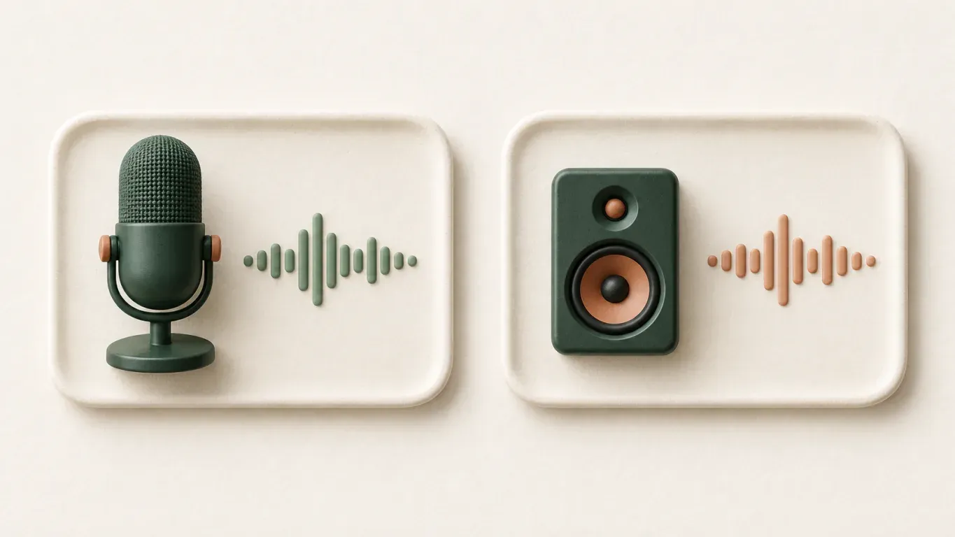 Conceptual illustration of a microphone and speaker on separate trays, each beside a sound waveform