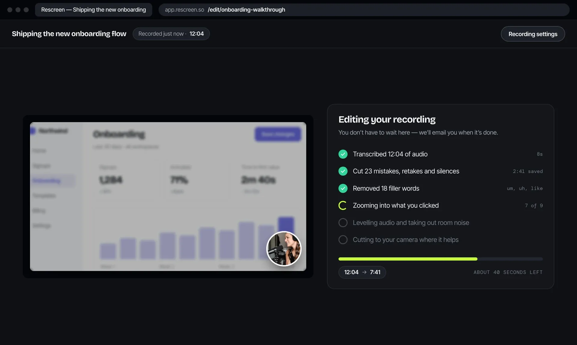Rescreen automatic editing interface with cuts and framing controls