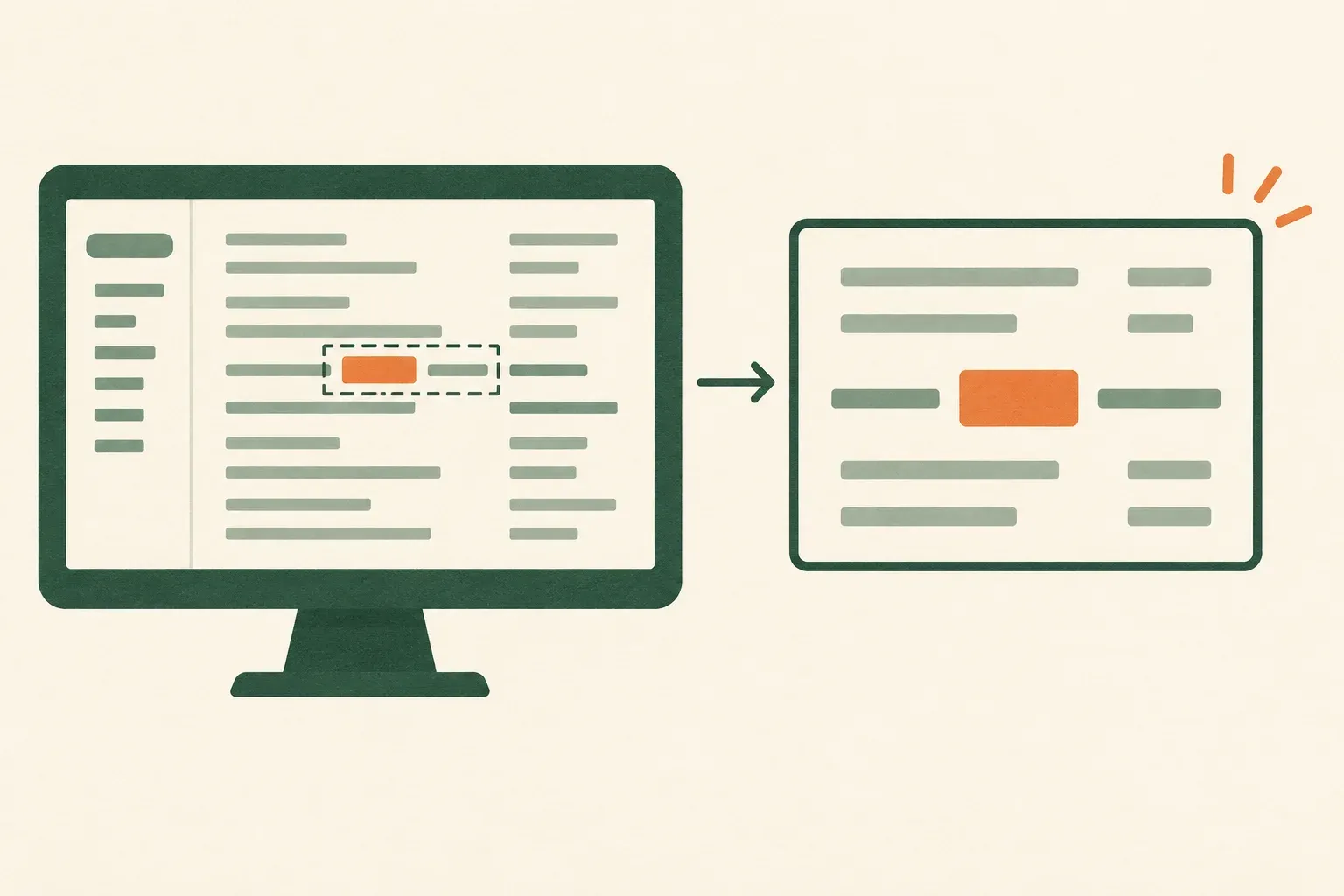 Conceptual diagram highlighting a small control in a wide desktop and showing that area in a larger focused frame