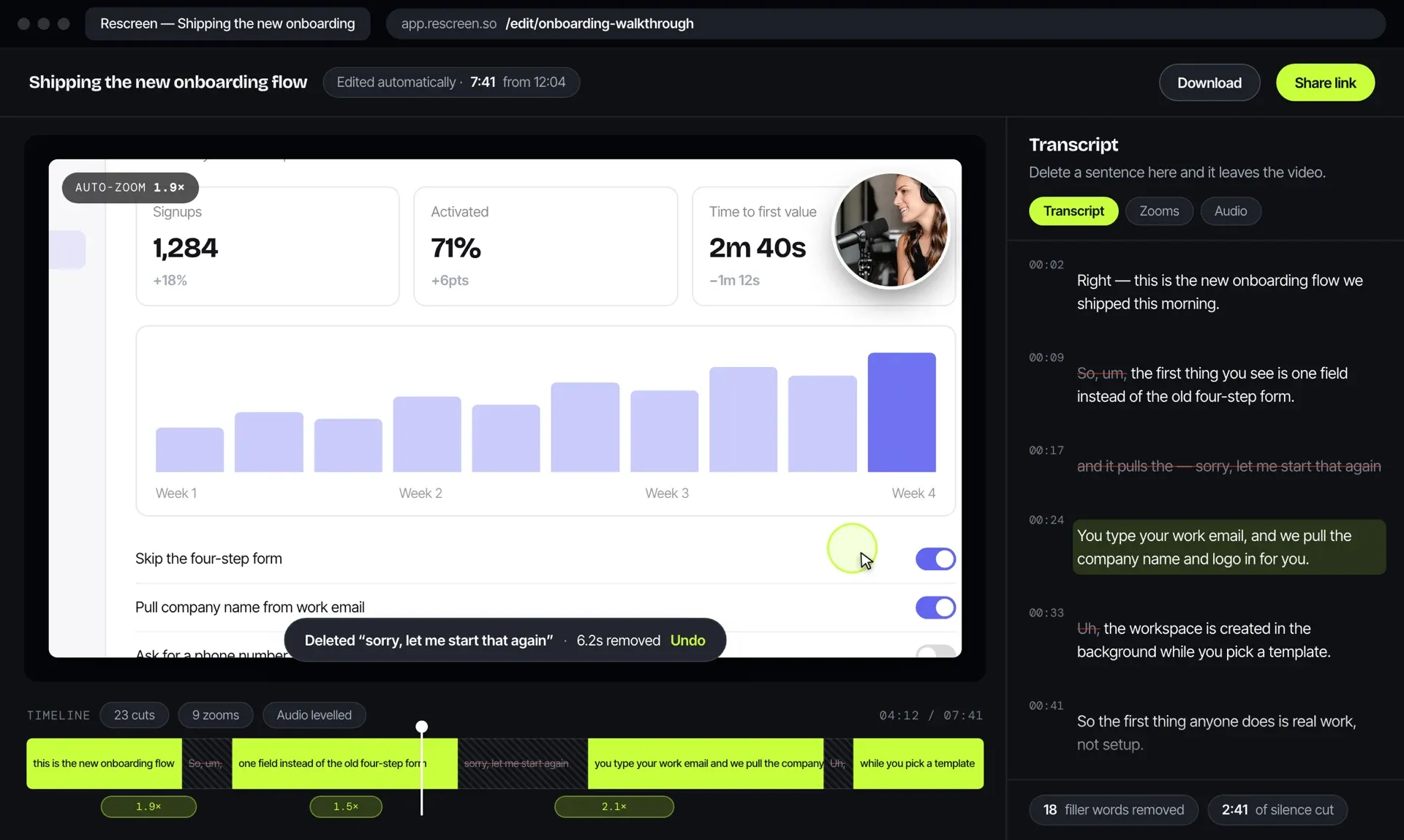 Rescreen editor showing a recording and its transcript
