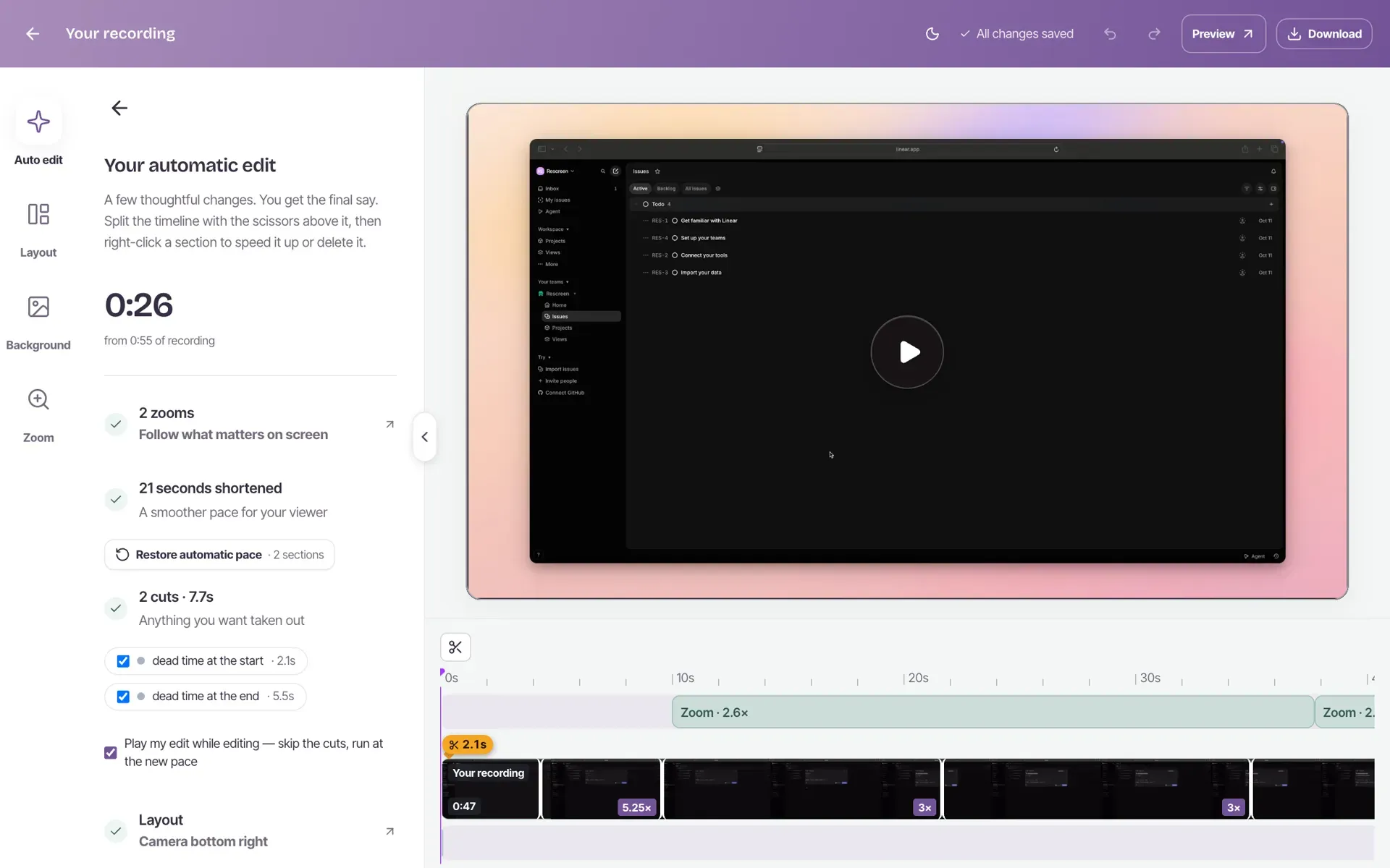 The Rescreen editor after an automatic edit: a 55-second recording cut to 26 seconds, with two zooms, two cuts and the camera in the bottom right.