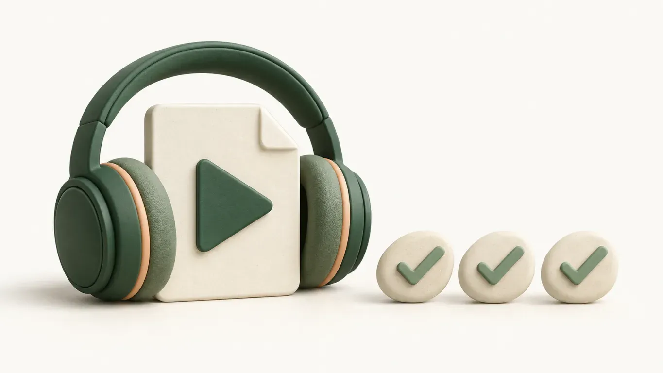Conceptual still life of headphones beside a saved video tile and a simple playback triangle