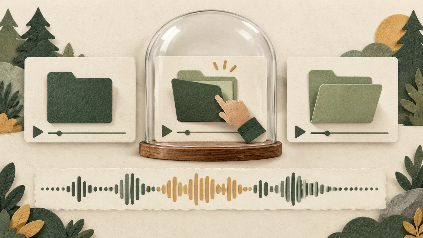 Conceptual sequence of folder frames with the opening action protected beneath a glass dome