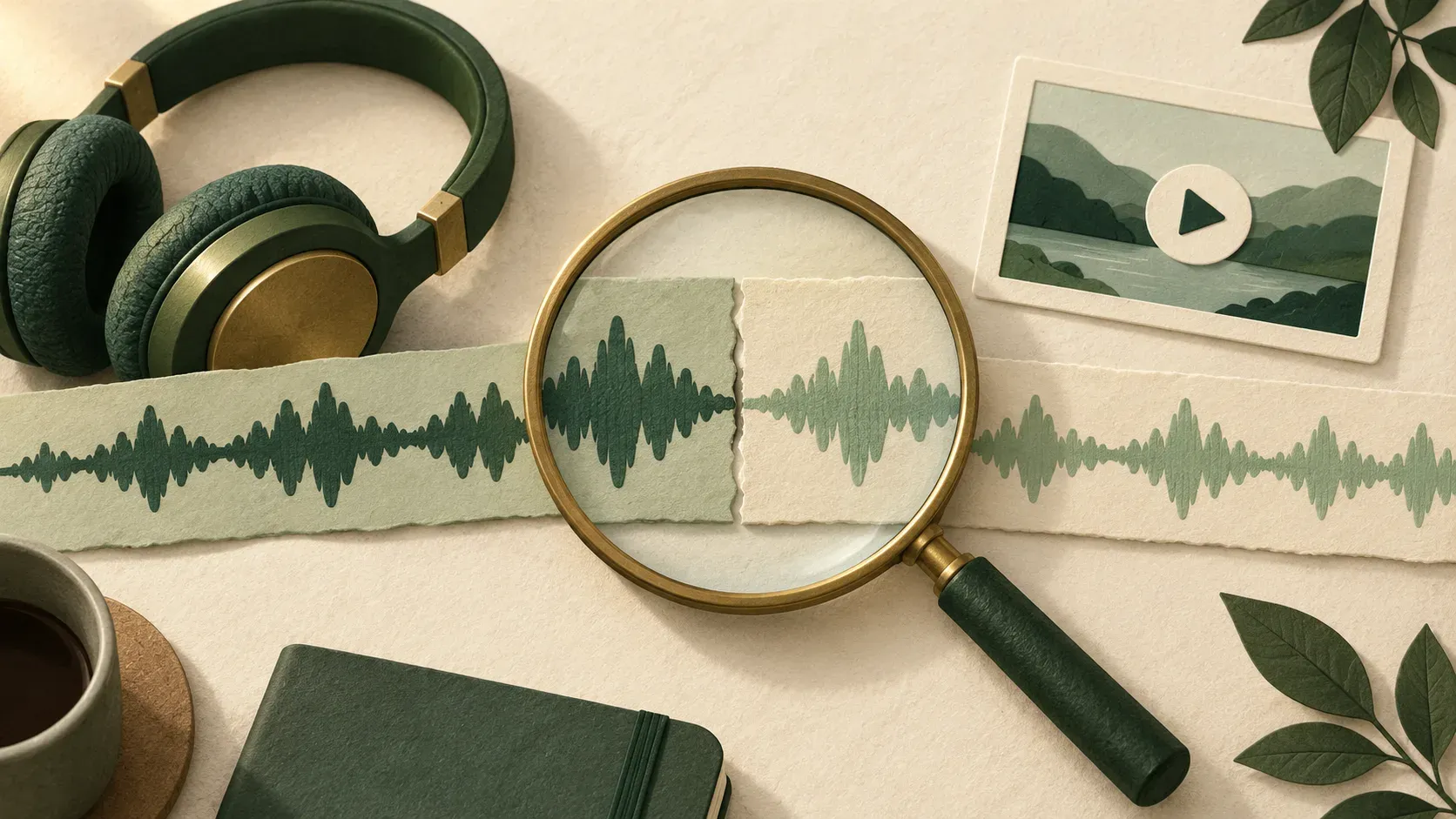 Conceptual magnifying glass inspecting a join between two paper waveforms beside headphones