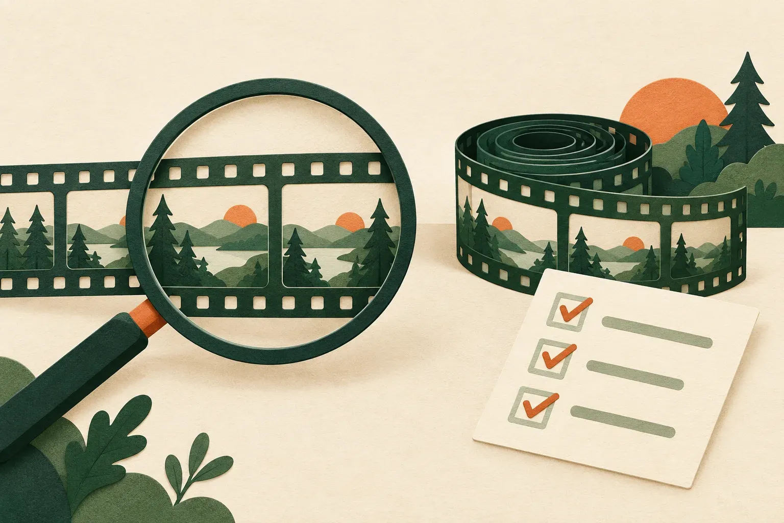 Conceptual magnifying glass reviewing a filmstrip beside a checklist and an intact original recording