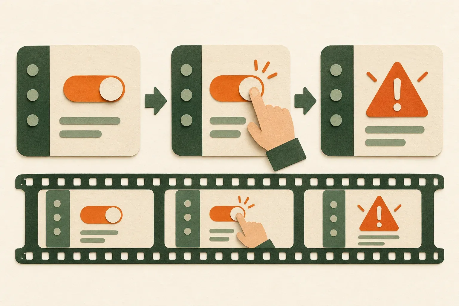 Conceptual sequence of an initial settings panel, a pointer triggering a change and a warning result joined by a continuous filmstrip