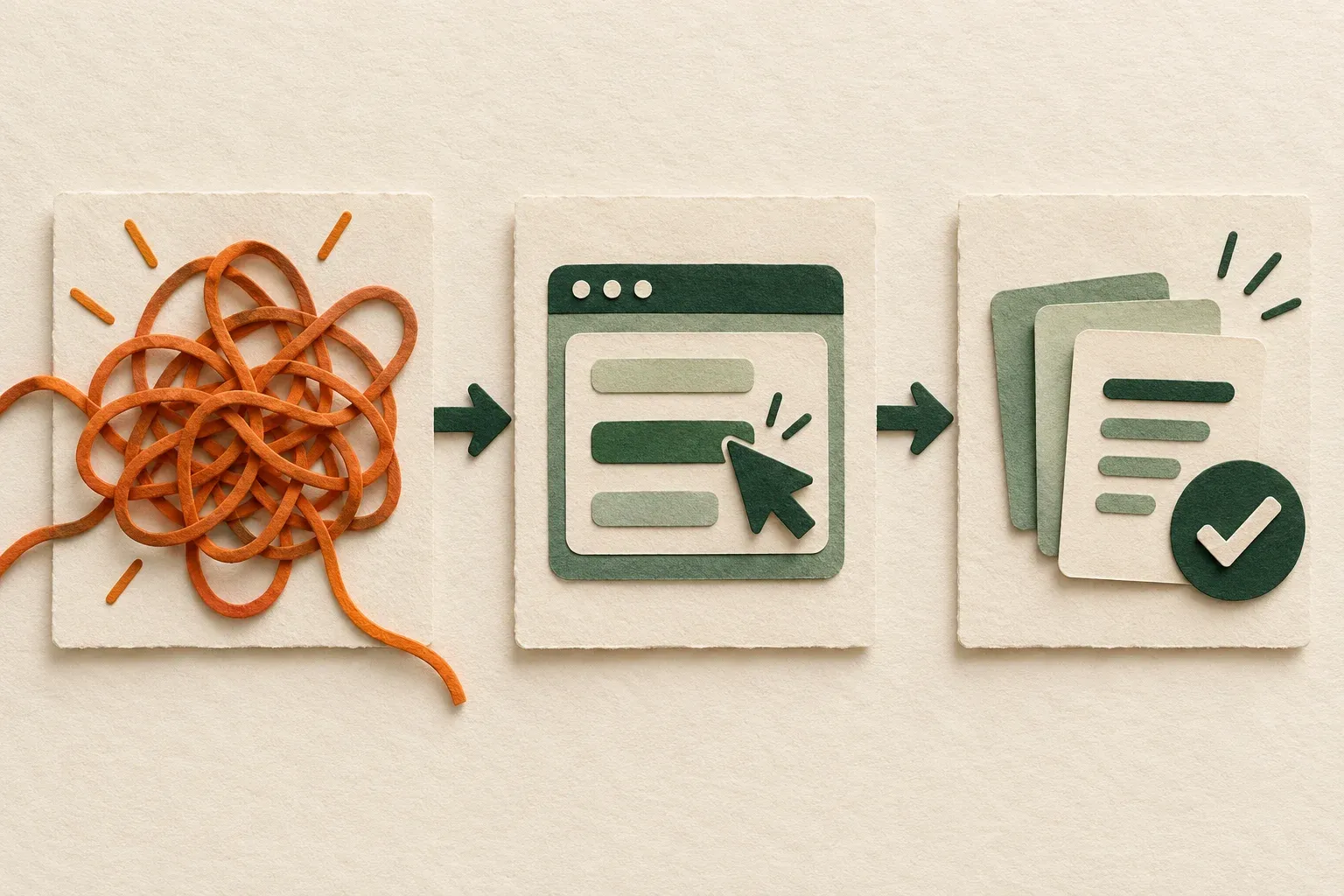 Conceptual storyboard connecting a tangled problem, one interface action and an organized result
