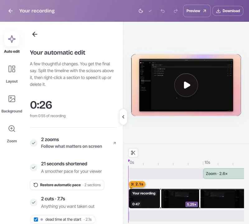 Rescreen's editor after a recording: 0:26 from 0:55 of recording, 2 zooms, 21 seconds shortened and 2 cuts of dead time