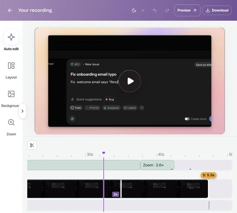 Rescreen's editor on a real recording, zoomed 2.6 times into a new-issue form as it is filled in, with the zooms shown on the timeline below