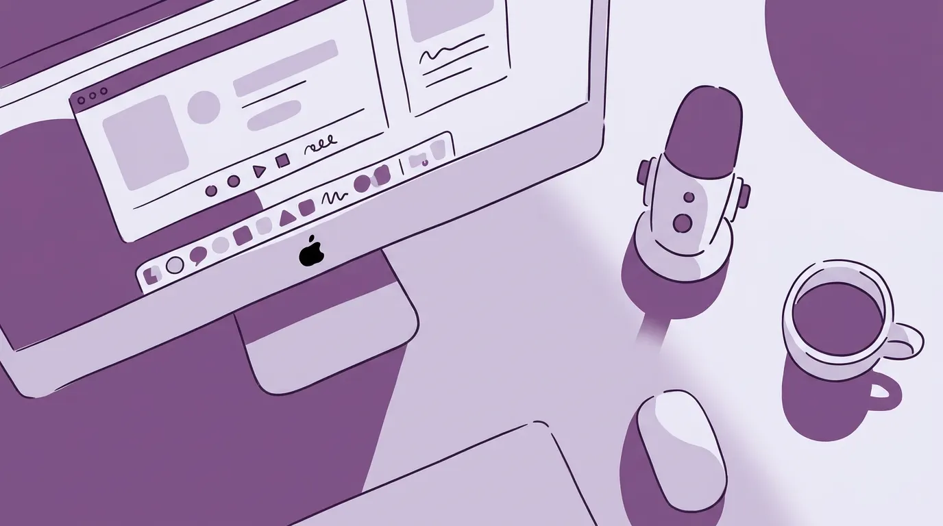 Mac desktop with screen recording interface, microphone and workspace setup for capturing audio and screen content