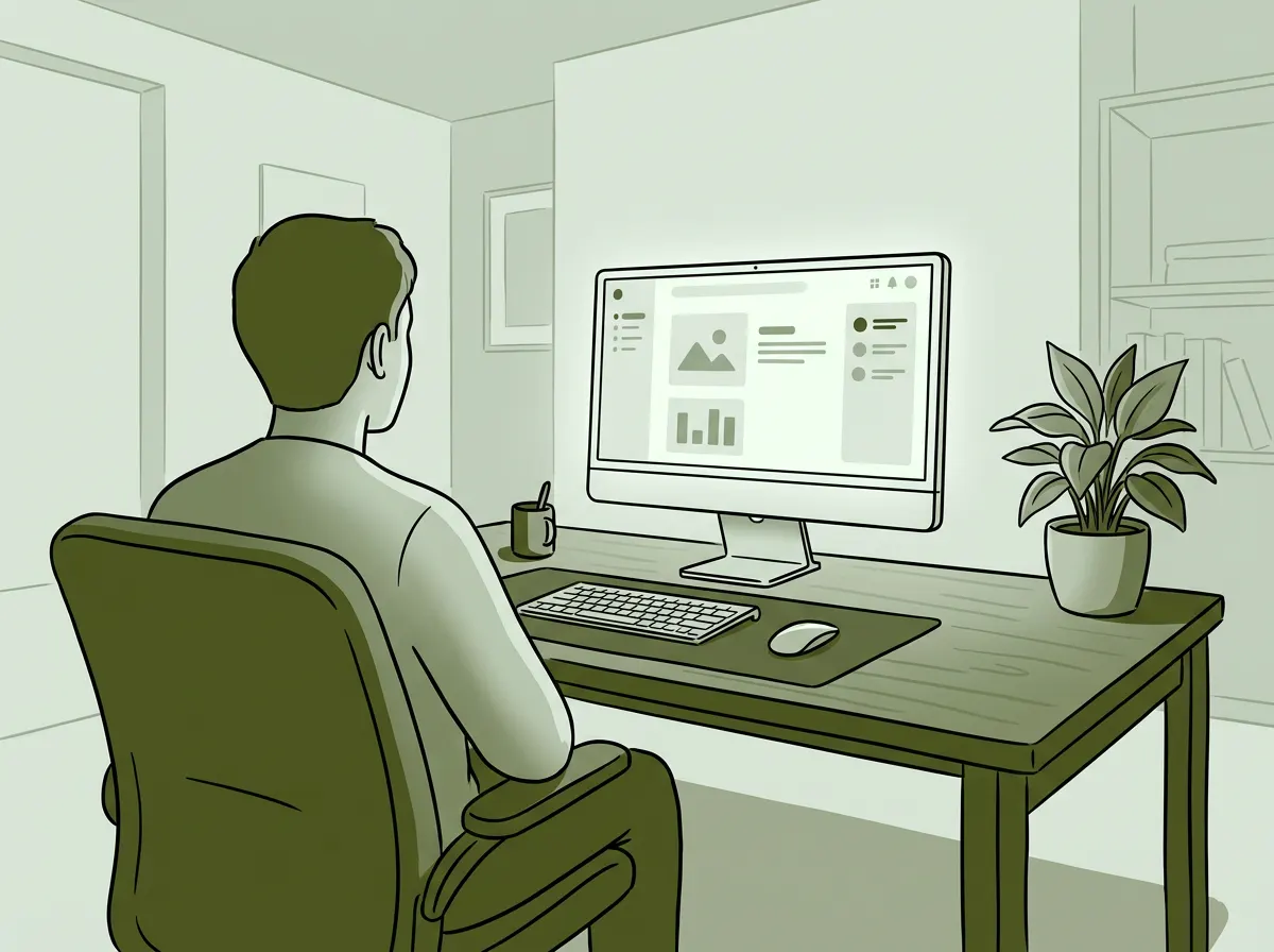 A modern minimalist home office setup with a computer monitor glowing softly in a dim room.