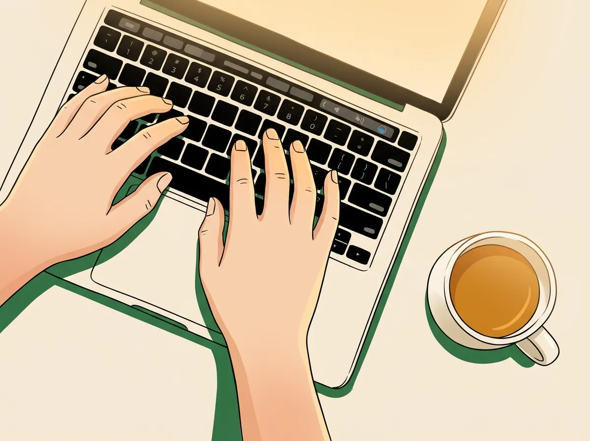 Close up of hands typing on a laptop keyboard next to a steaming ceramic mug.